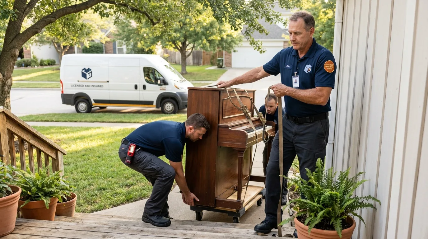 Licensed piano movers securing grand piano in Bushnell, FL